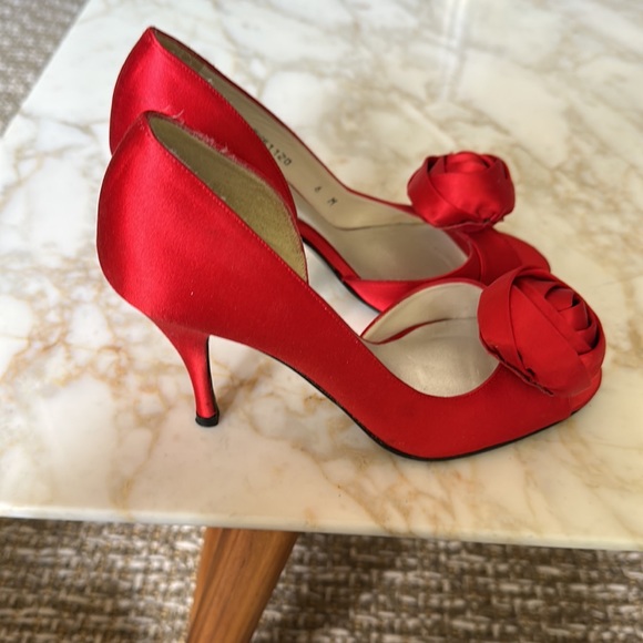 Stuart Weitzman red open toe pumps.,heel height 3 1/2 inches - Picture 2 of 7